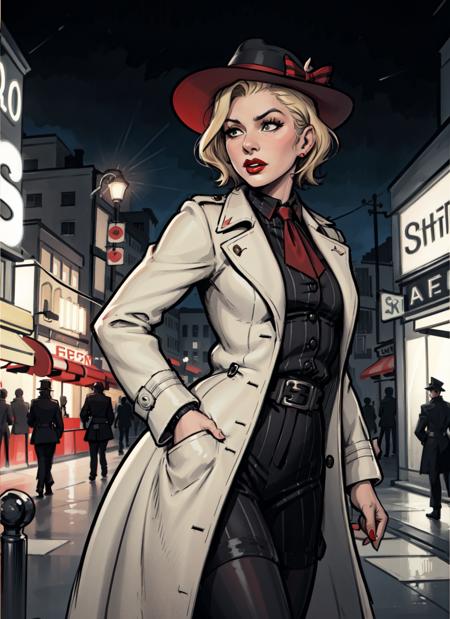 66141-769039269-beautiful woman, film noir. short blonde hair, red lipstick, striped trench coat, fedora, gaslit street, at night, 1950s, (solo).png